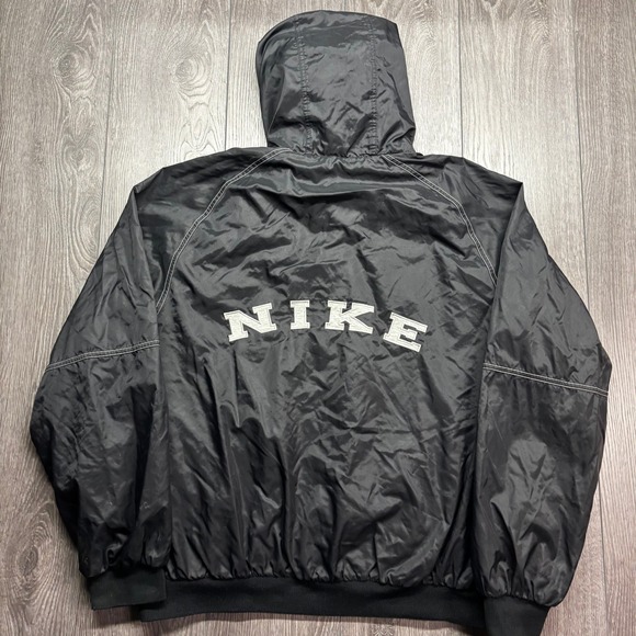 Nike Other - Vintage Nike Windbreaker Jacket Mens XL Black Hooded Snap Front Spellout Logo